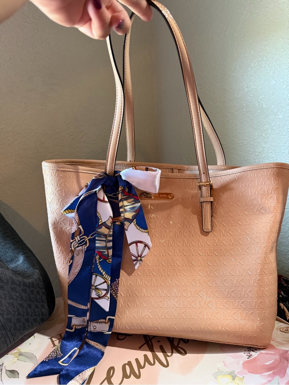 Michael Kors beige Tote with Navy Scarf Accent